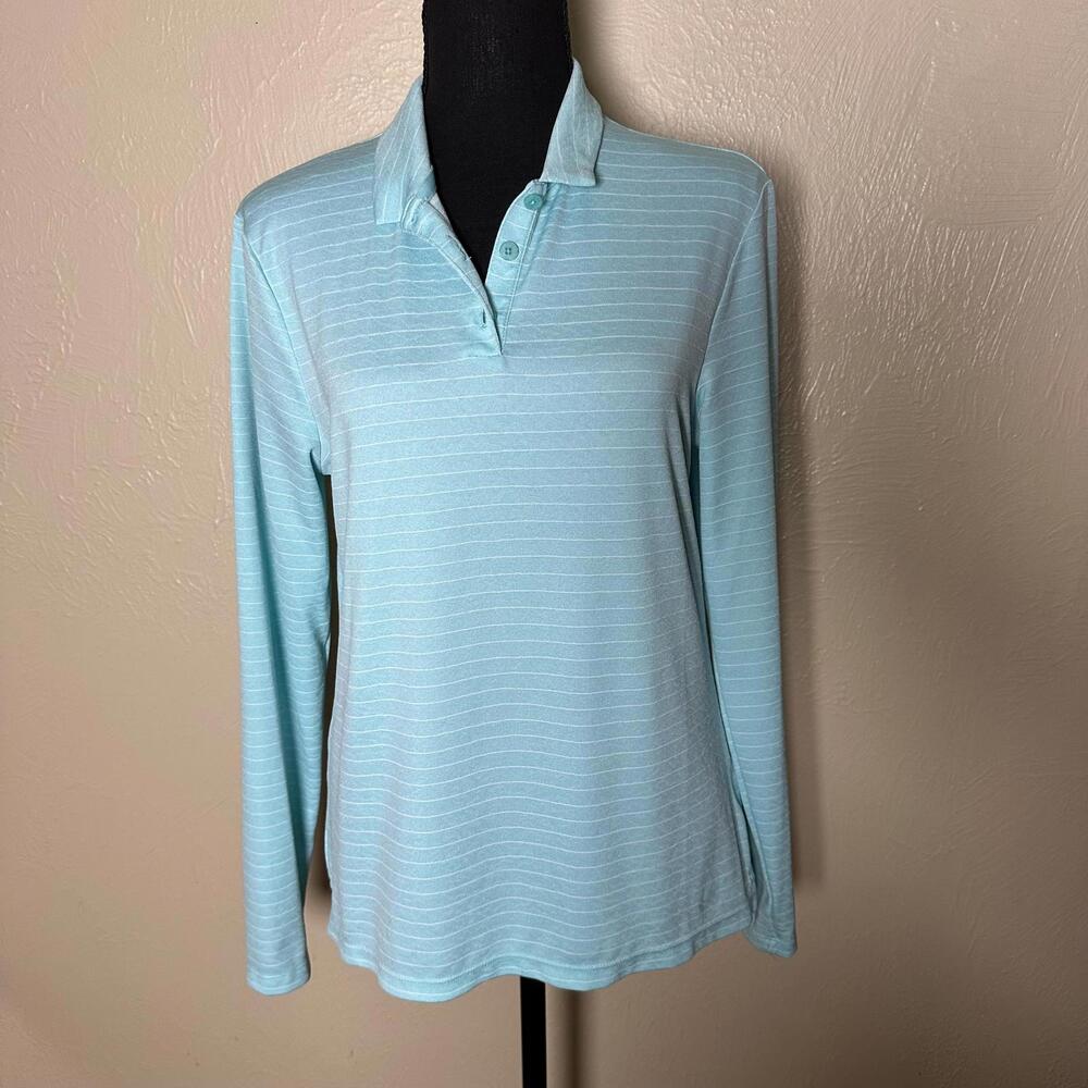 Athleisure Medium Nike Dri-Fit Striped Long Sleeve Polo Aqua Blue Quarter Button